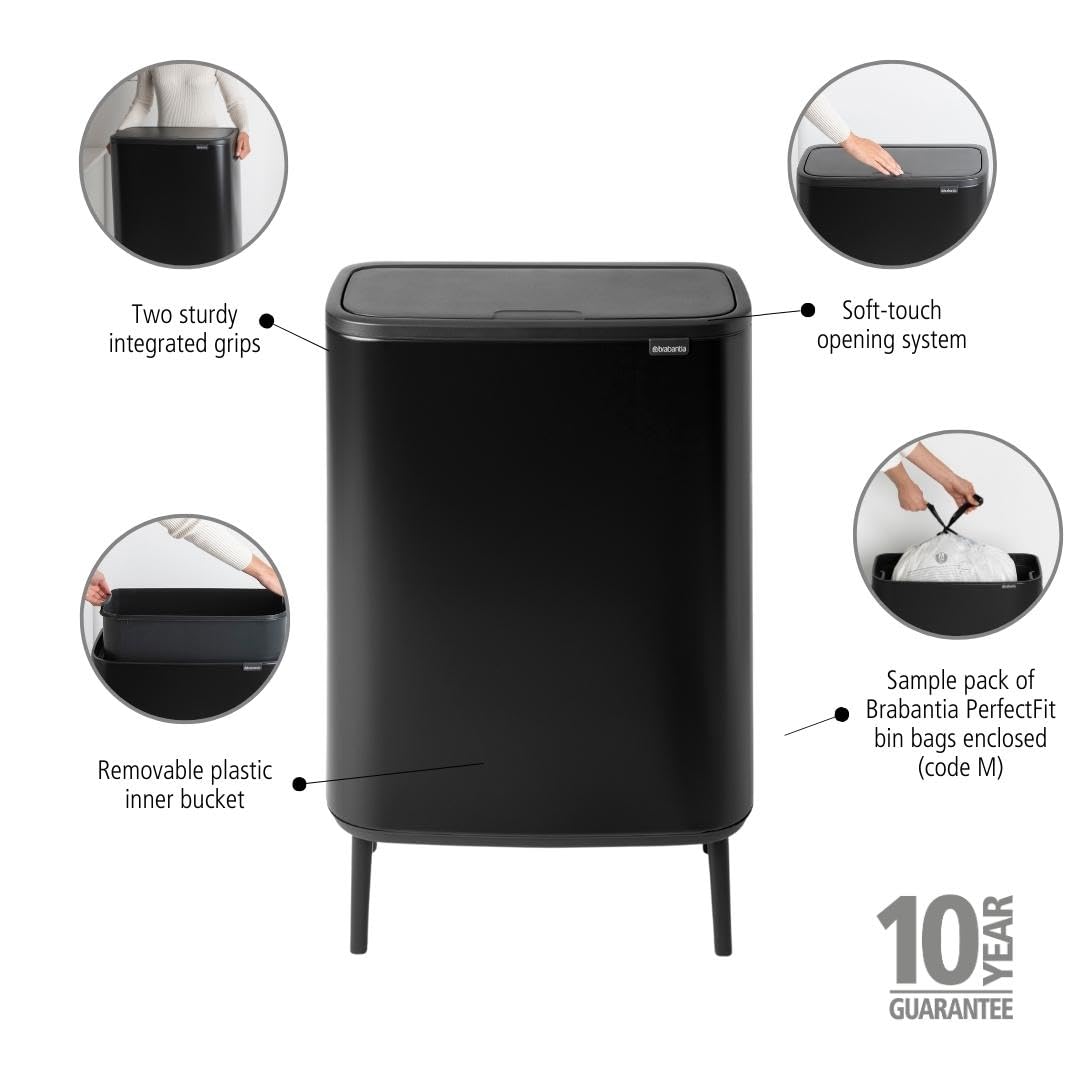 Bo Touch Bin Hi - 60L Inner Bucket (Matt Black) Large Waste Kitchen Bin - Soft-touch