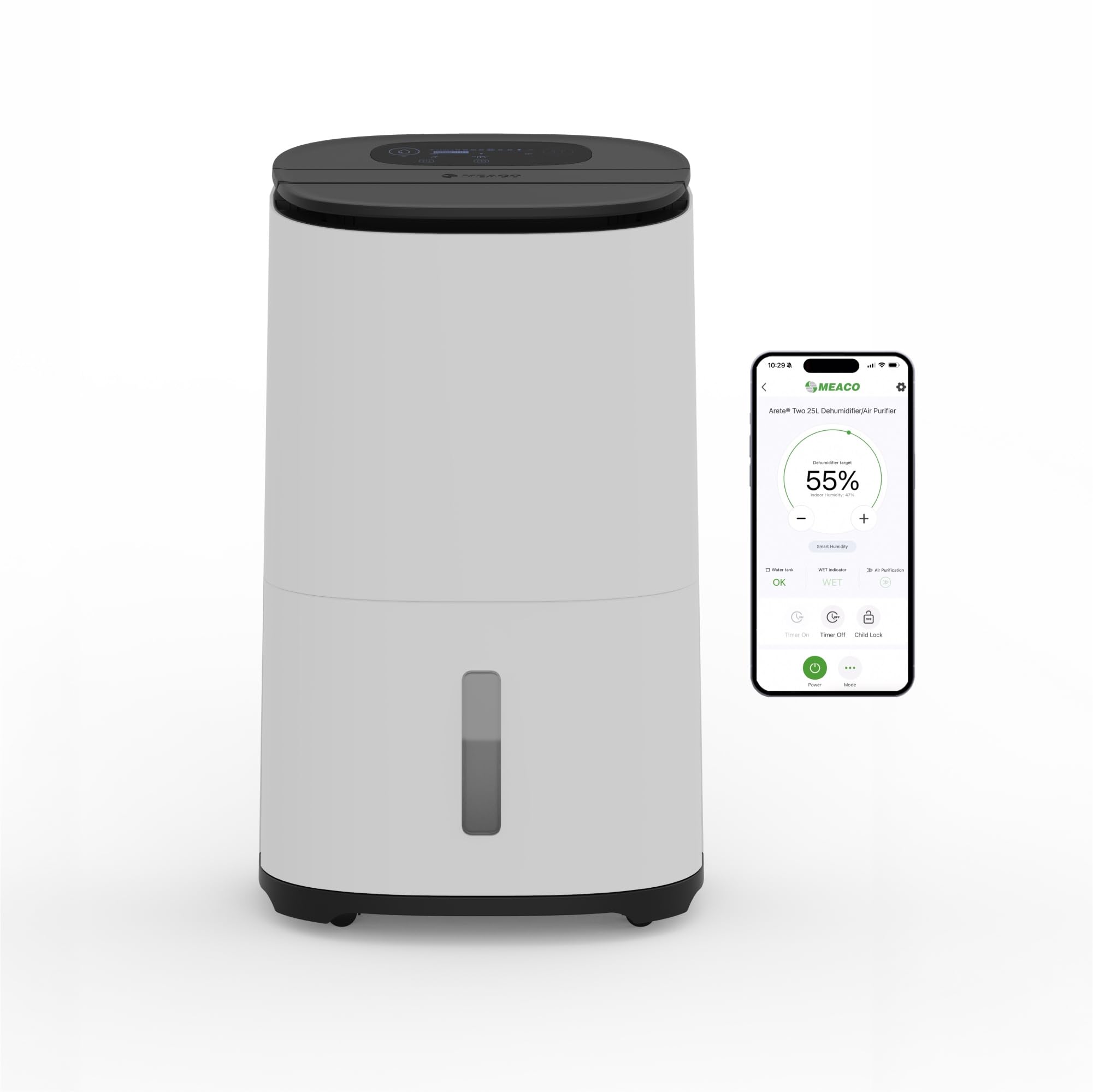 Two 25L Dehumidifier & HEPA H13 Air Purifier, Low Energy, Low Noise, Wi-Fi Meaco App, Smart humidity mode, Laundry mode, removes moisture in larger homes, 5x year warranty