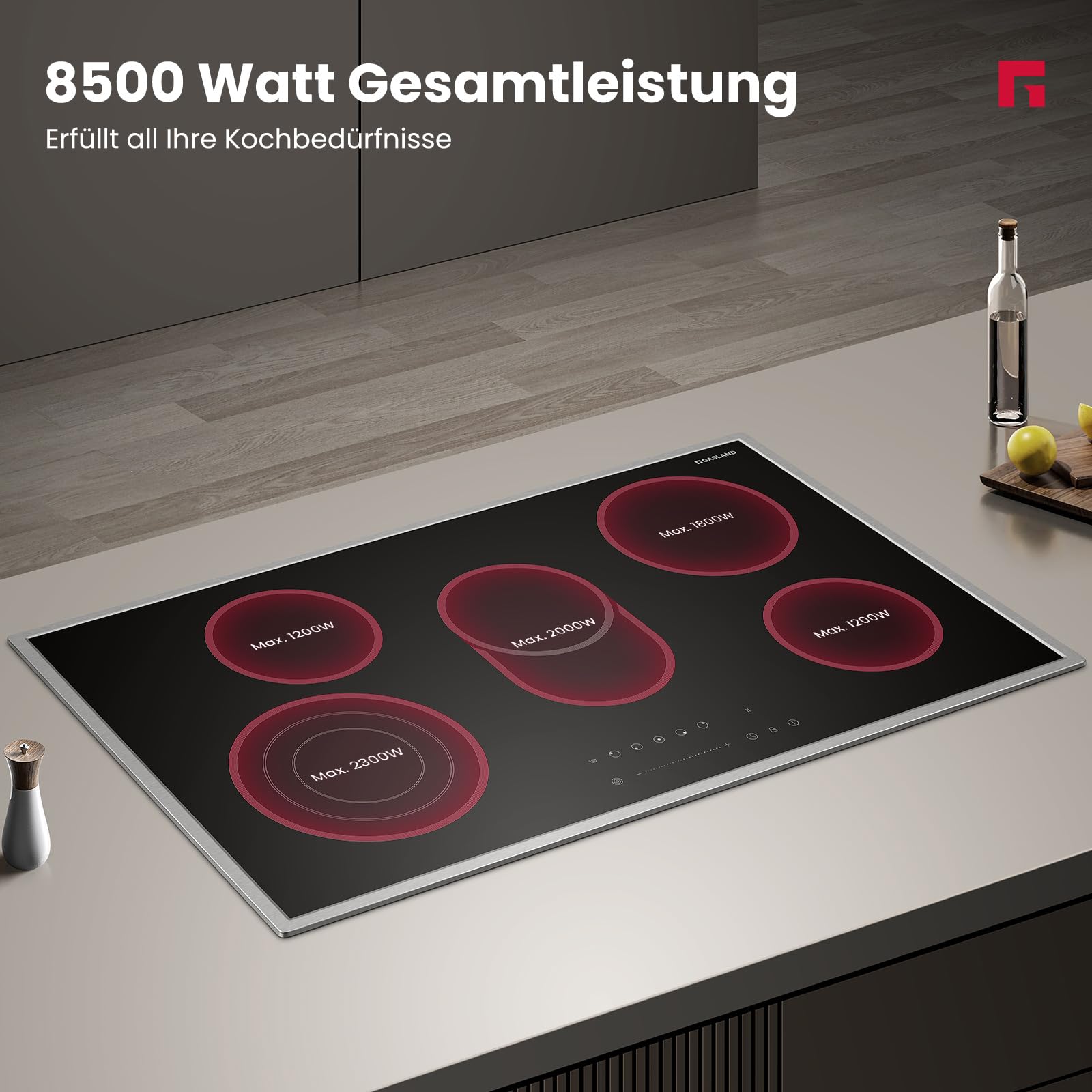 CH905BF34B Independent Glass Ceramic Cooktop, 90 cm Built-in Electric Hob with Stainless Steel Frame, 5 Cooking Zones, Ceramic Stove with Triple Zone, Roasting Zone, Slider Control, 8.5 kW