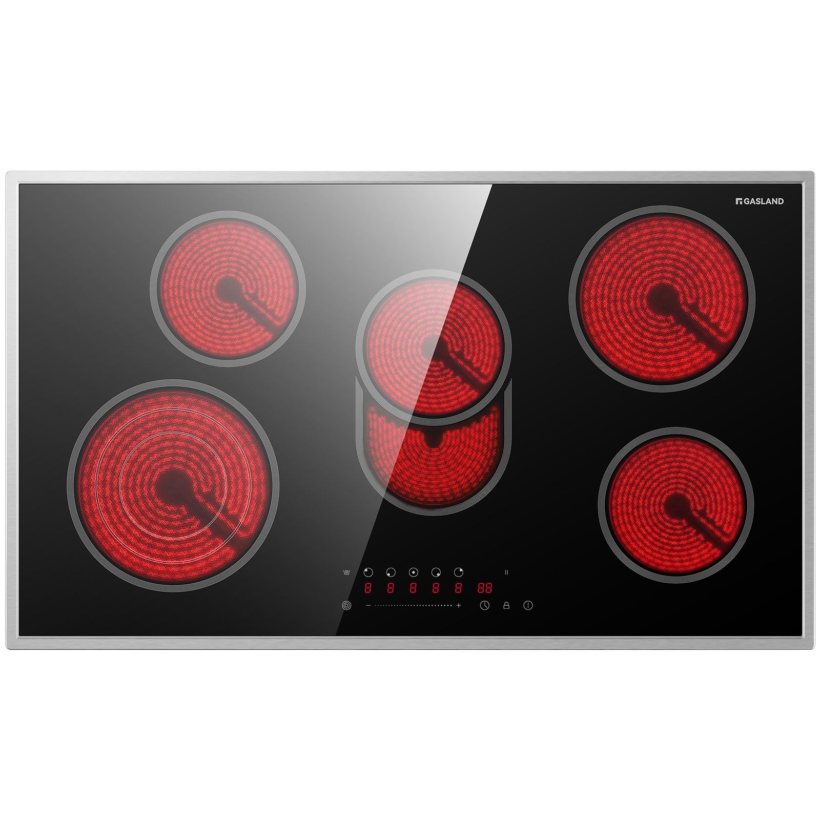 CH905BF34B Independent Glass Ceramic Cooktop, 90 cm Built-in Electric Hob with Stainless Steel Frame, 5 Cooking Zones, Ceramic Stove with Triple Zone, Roasting Zone, Slider Control, 8.5 kW