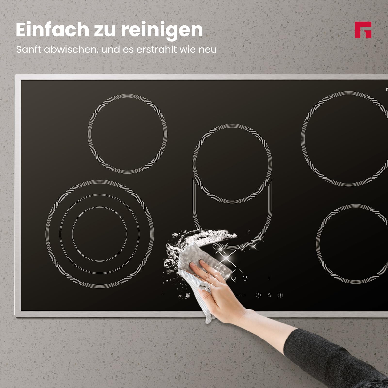 CH905BF34B Independent Glass Ceramic Cooktop, 90 cm Built-in Electric Hob with Stainless Steel Frame, 5 Cooking Zones, Ceramic Stove with Triple Zone, Roasting Zone, Slider Control, 8.5 kW