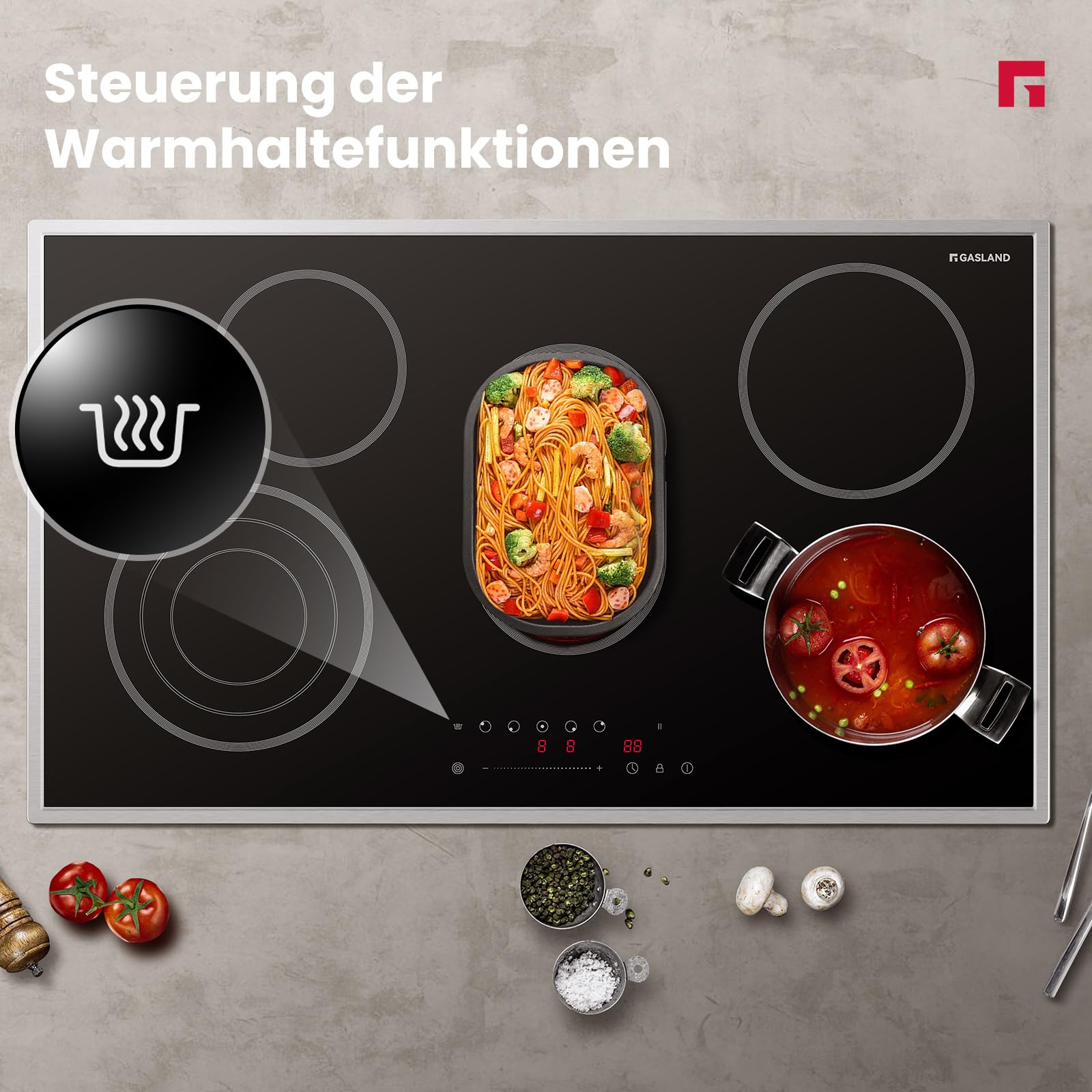 CH905BF34B Independent Glass Ceramic Cooktop, 90 cm Built-in Electric Hob with Stainless Steel Frame, 5 Cooking Zones, Ceramic Stove with Triple Zone, Roasting Zone, Slider Control, 8.5 kW