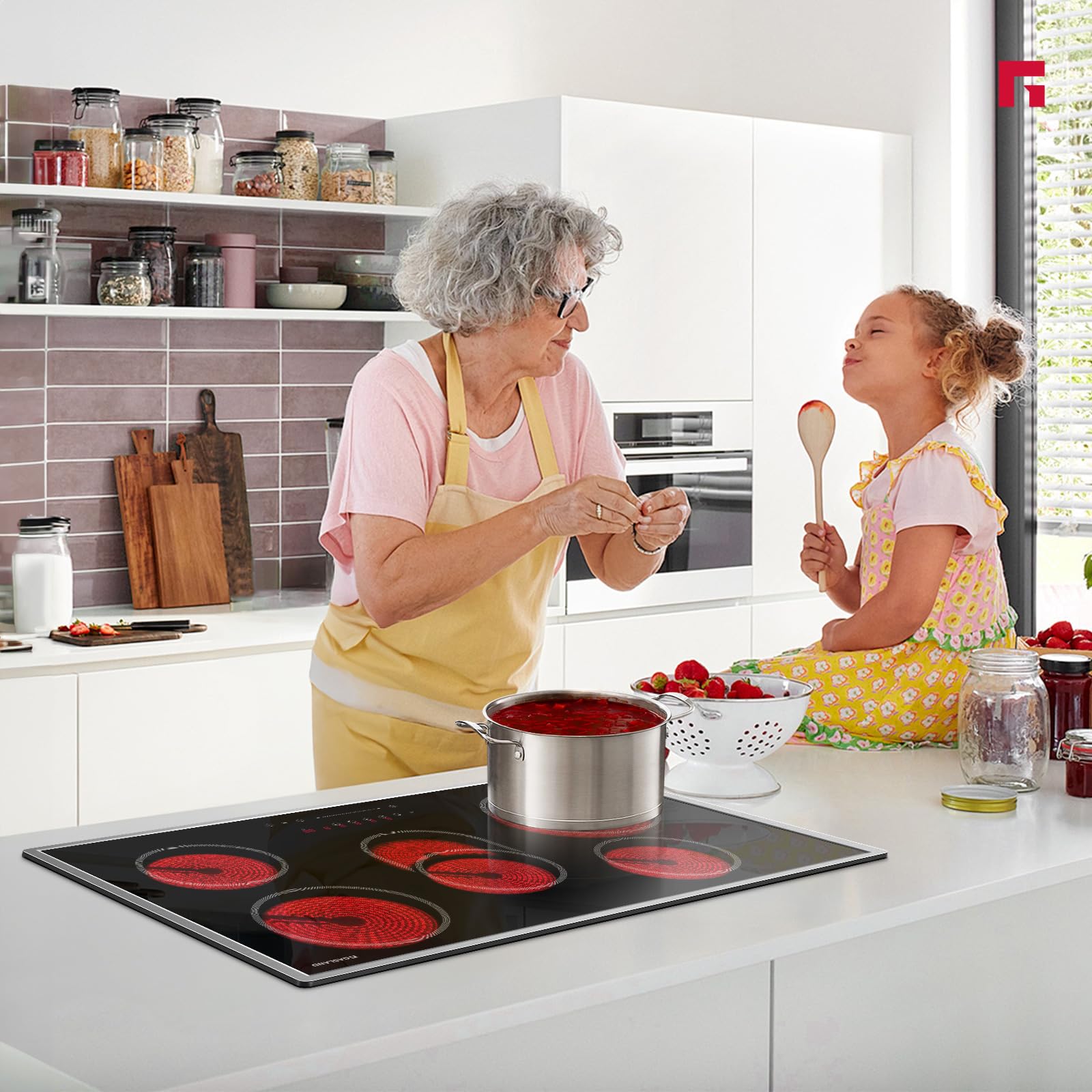 CH905BF34B Independent Glass Ceramic Cooktop, 90 cm Built-in Electric Hob with Stainless Steel Frame, 5 Cooking Zones, Ceramic Stove with Triple Zone, Roasting Zone, Slider Control, 8.5 kW