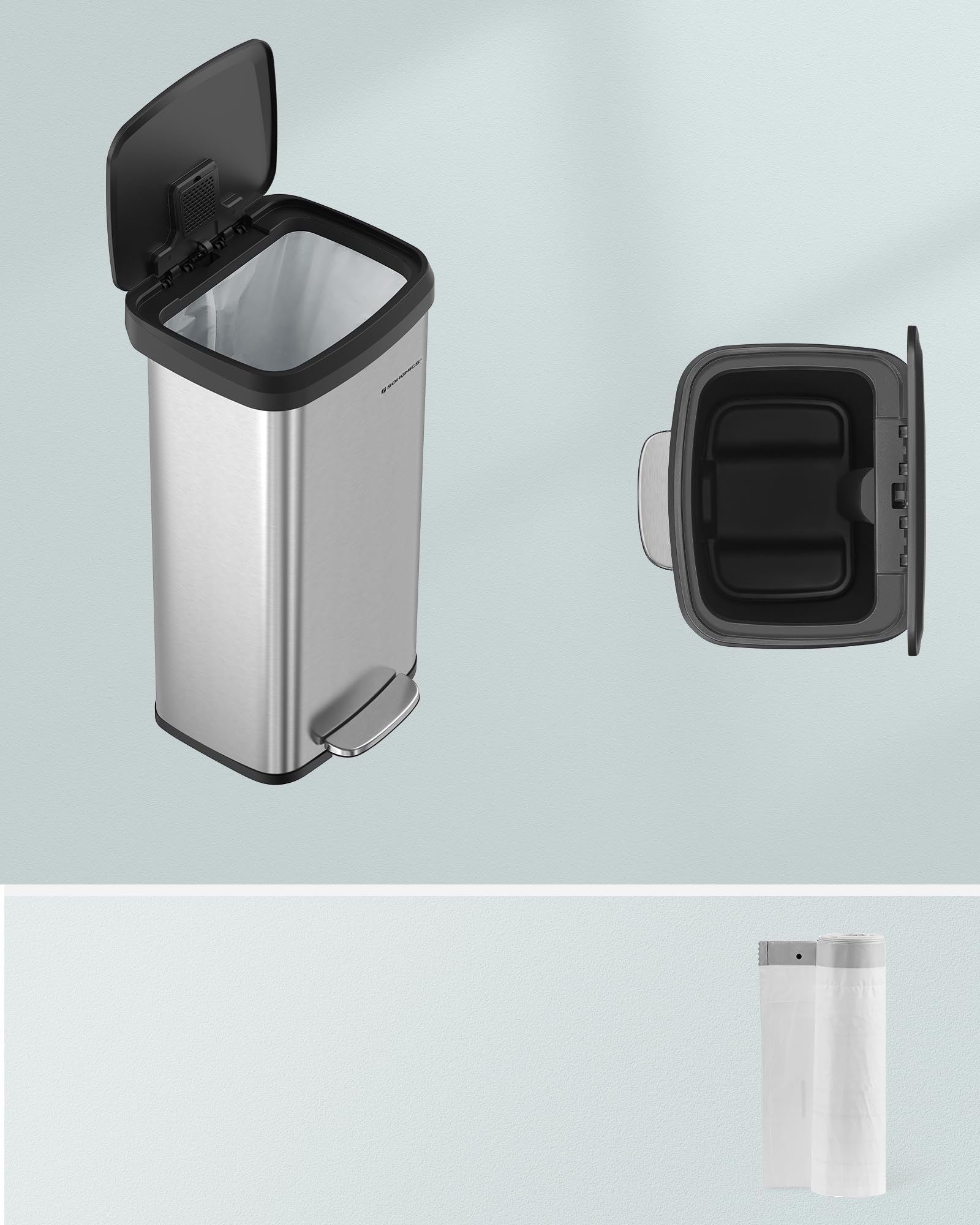 Kitchen Bin, 18 Gallon (68 L) Rubbish Bin, Metal Waste Pedal Bin with Lid, Tall and Large, Silver and Black LTB520E68