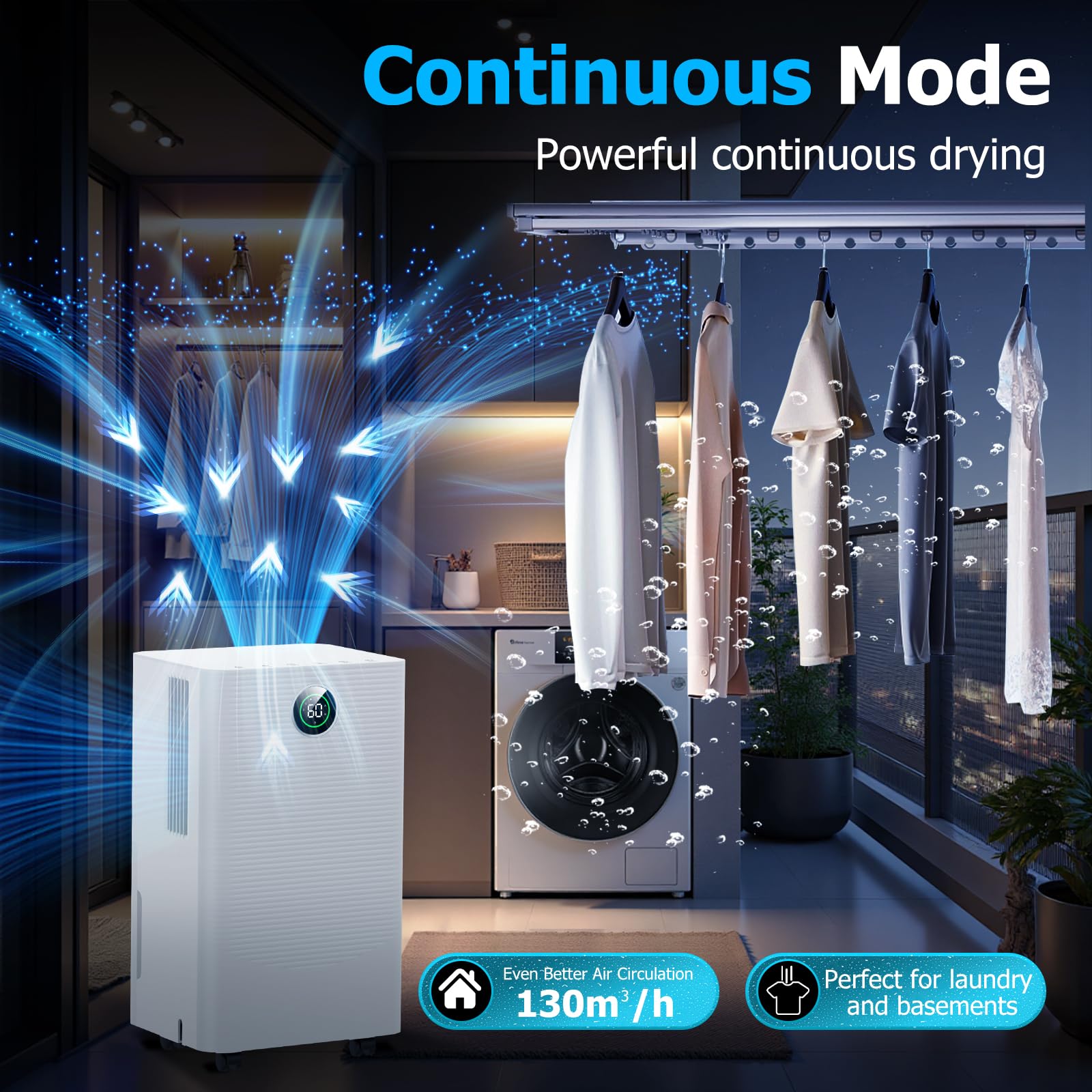 12L/day Dehumidifier with Humidity Sensor & Display and 24-Hour Timer, 3 Dehumidification Modes, Suitable Bedrooms, Office, Basements, Continuous Draining, White