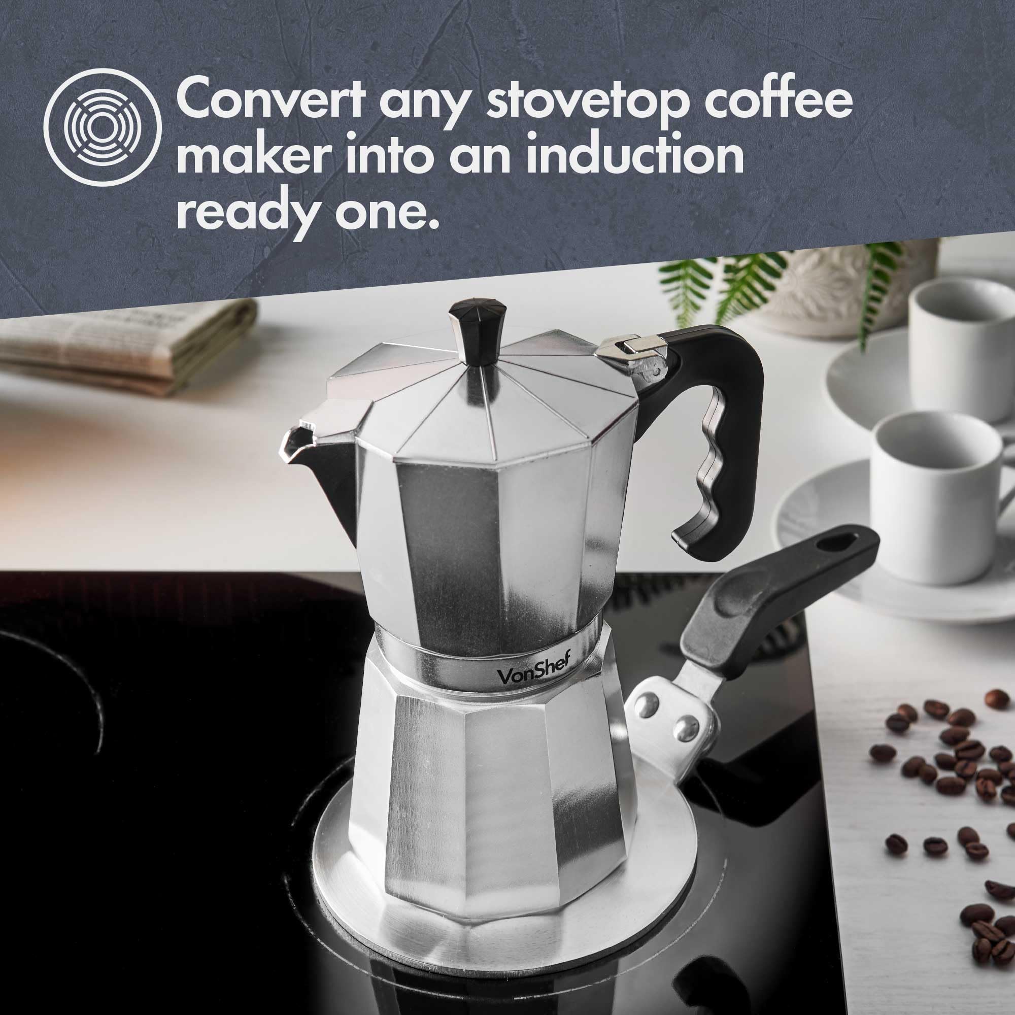 VonShef Induction Hob Converter - Adapter for Moka Pots & Coffee Makers - Induction Plate for All Hob Types, Aluminium 13cm Diameter Stovetop - Heat Resistant Handle