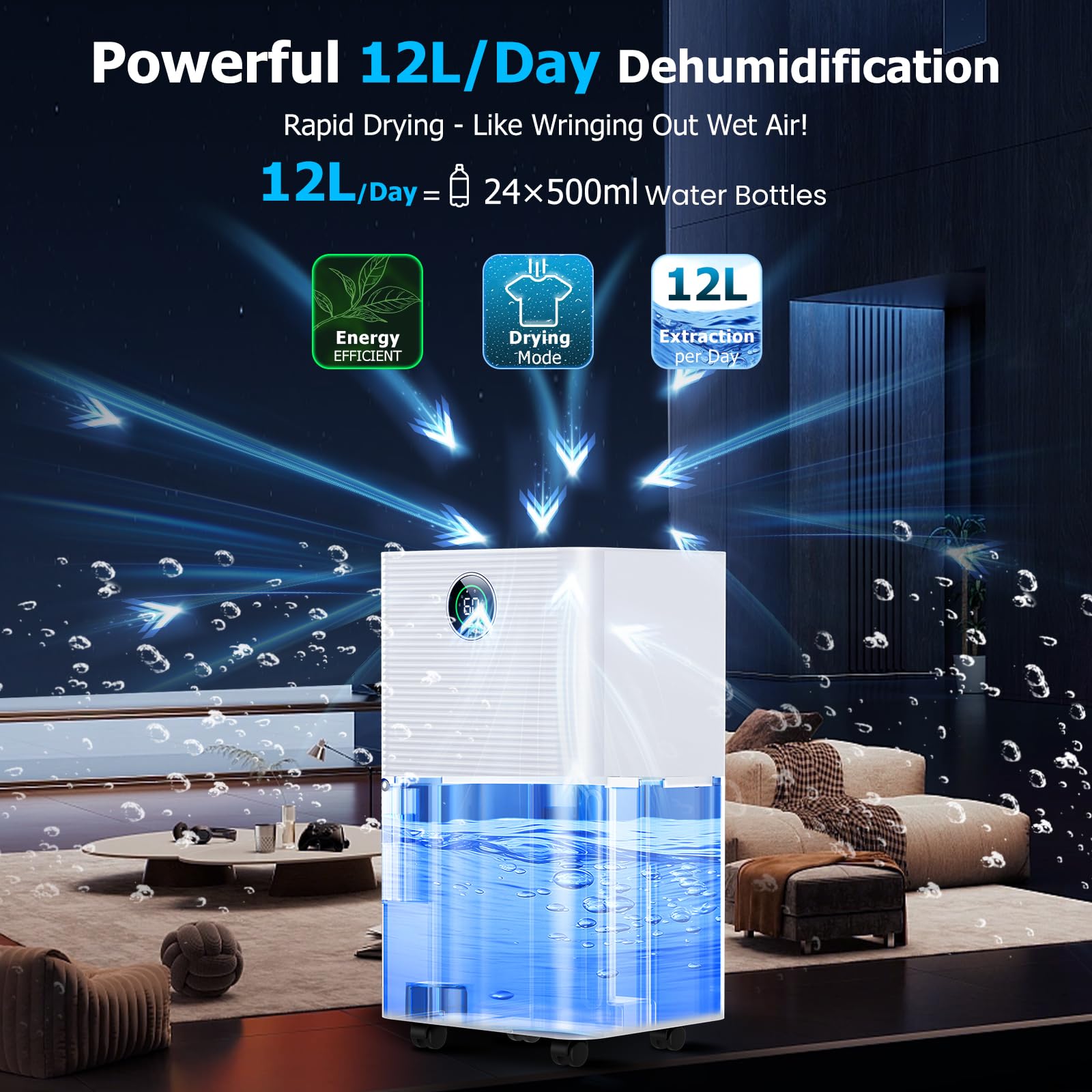 12L/day Dehumidifier with Humidity Sensor & Display and 24-Hour Timer, 3 Dehumidification Modes, Suitable Bedrooms, Office, Basements, Continuous Draining, White