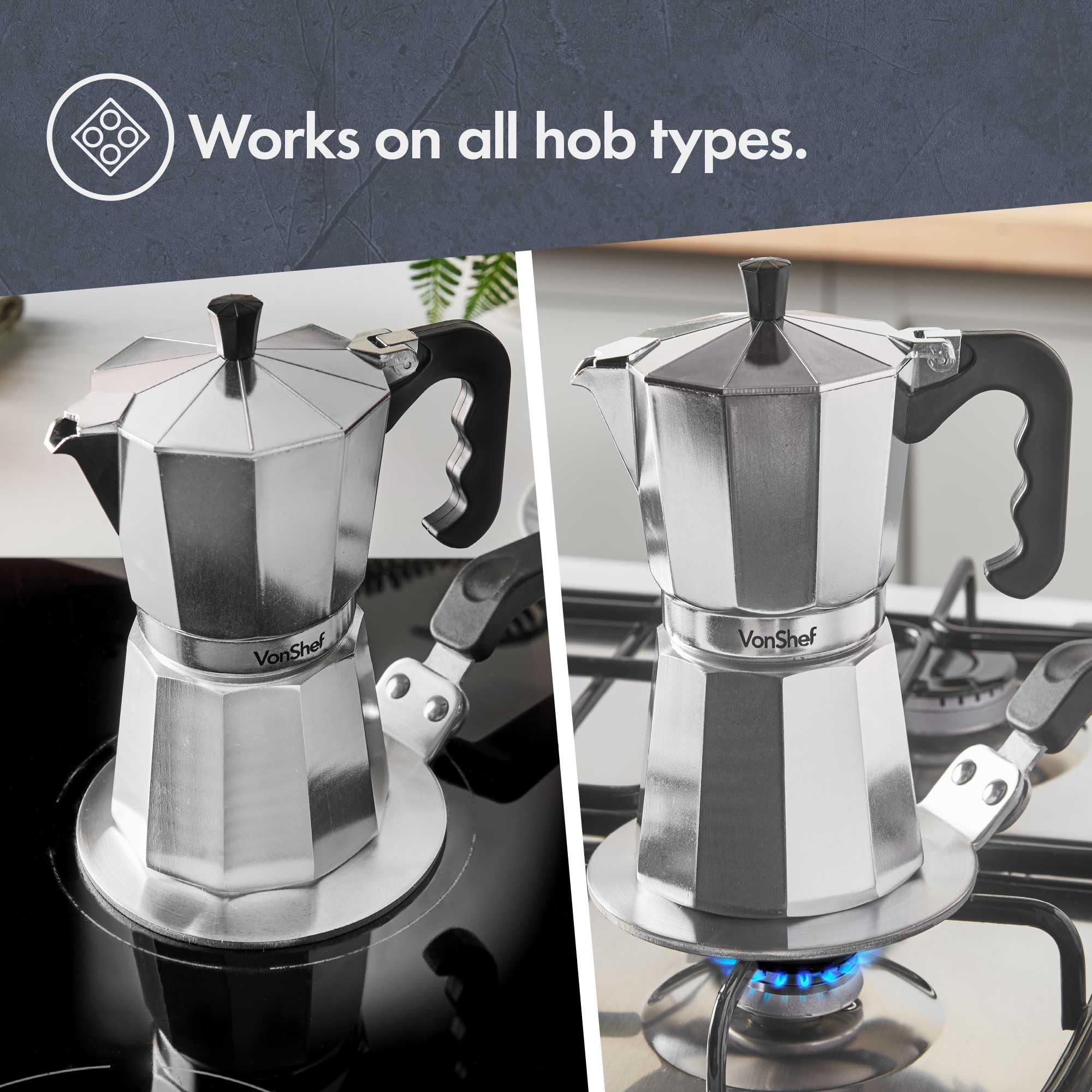 VonShef Induction Hob Converter - Adapter for Moka Pots & Coffee Makers - Induction Plate for All Hob Types, Aluminium 13cm Diameter Stovetop - Heat Resistant Handle